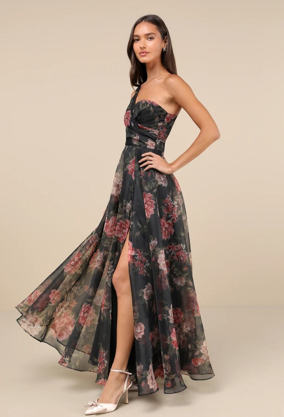 NWT Lulus Truly Extraordinary Black Floral Organza One-Shoulder Maxi Dress M